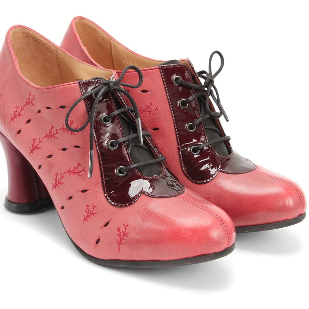 Fluevog Look Out Fascination pink and red leather lace-up heels